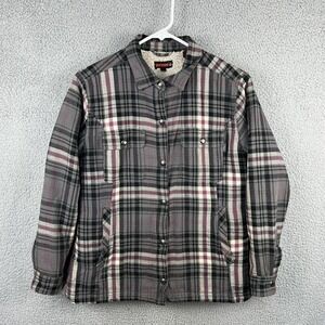 Wolverine Womens M Sherpa Lined Flannel‎ Shirt Jacket Shacket Snap Up Grey Plaid